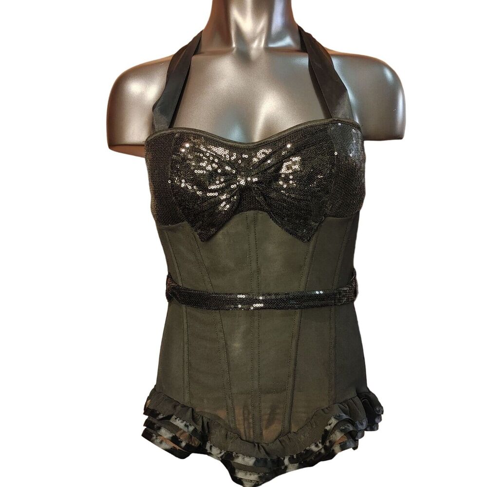 Adore Me Womens M Sexy Corset Black Sequin Sparkle Costume Halloween Burlesque